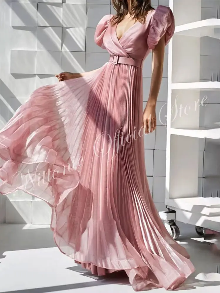 

Long Pink Prom Dresses for Woman V-Neck Puffy Sleeve Floor-Length A-Line Belt Evening Party Formal Occasion 2024فساتين طويلة