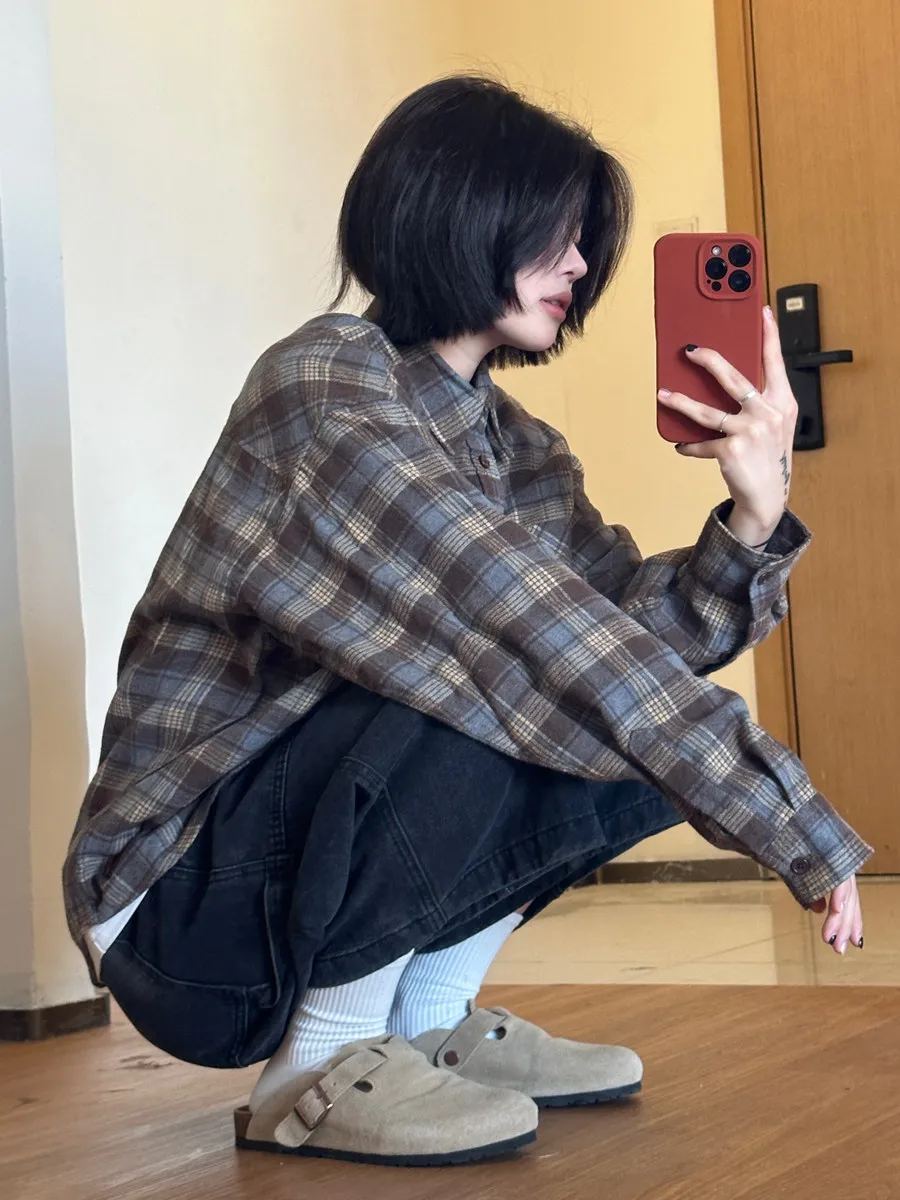 

Retro Lazy Style Long Sleeve Shirt Casual Loose Fit Unisex Spring Autumn Couple's Fashion Outerwear Trendy Checkered Collar B...