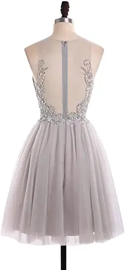 Sheer Neck Homecoming Dresses Sparkly Beading Short Tulle Vestidos de festa Graduation Party Gowns