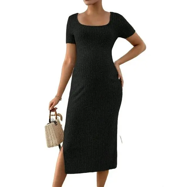 navy blue dress for baby girl Eliza Maternity Ribbed Tube Midi Dress In Black – Angel Maternity USA main image 1