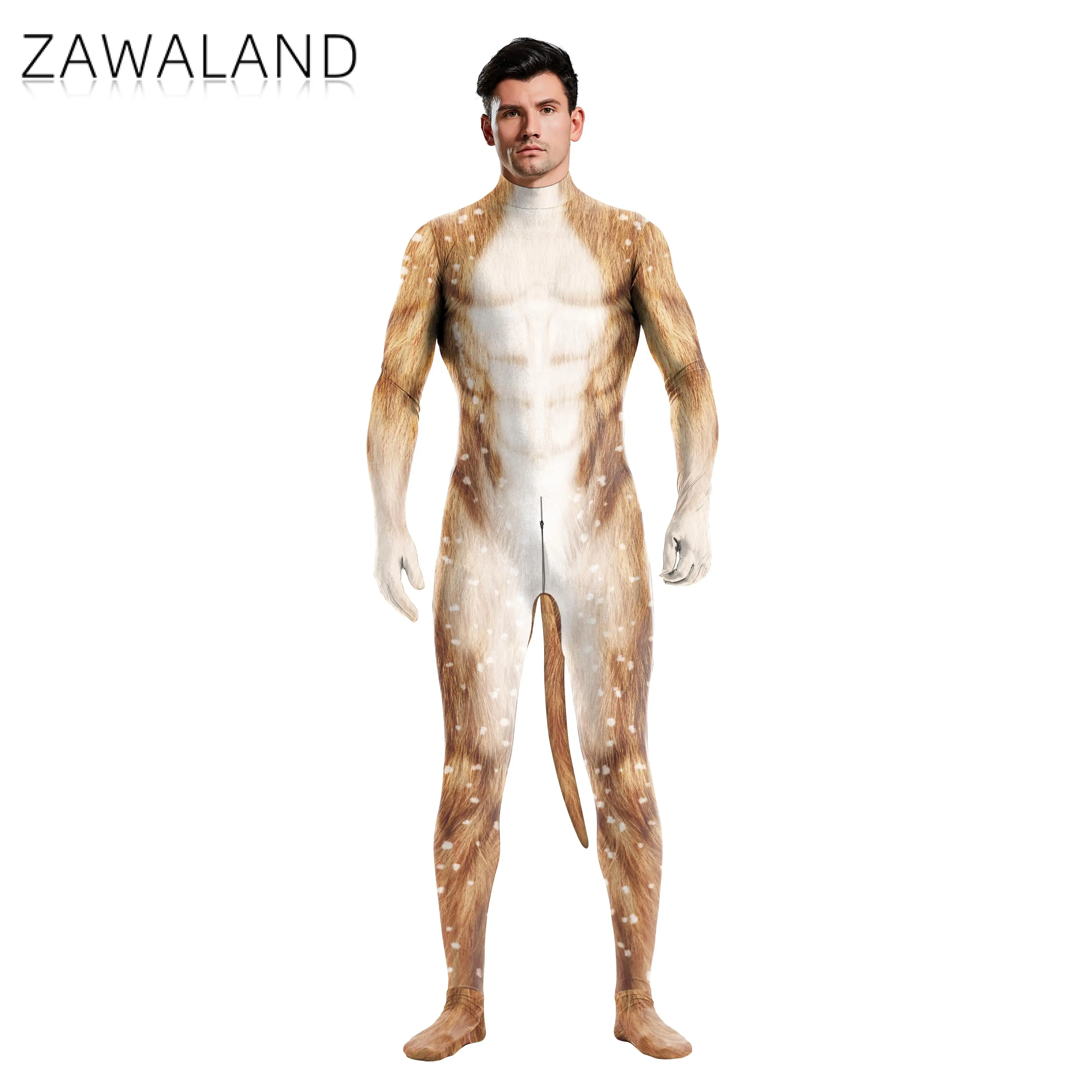 Zawaland Sexy Luipaardprint Dier Cosplay Kostuum Kleding Rits Zentai Bodysuits Mannen/Vrouwen Vermomming Jumpsuits Met Staarten