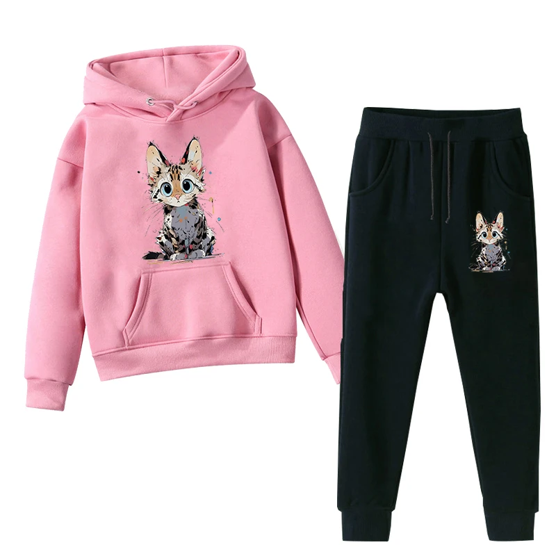 2024 Anime Cat Sweatshirts Set for Boy Girl Spring Summer New Cartoon Kitten Suit Watercolor Cat Kid Hoodies+Pants 2pc Tracksuit