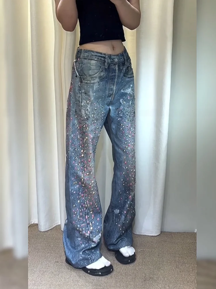 American Style Hot Girl Heavyweight 3D Candy Rhinestone Printed Denim Jeans Women's Retro Design Sensation Fashion Drag Pants