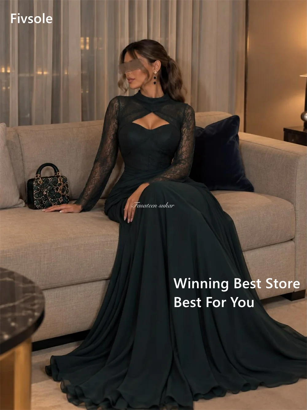 Fivsole Dark Green A-Line Evening Gown High Neck Party Dresses Lace Sleeve Corset Prom Dress 2026 Customized