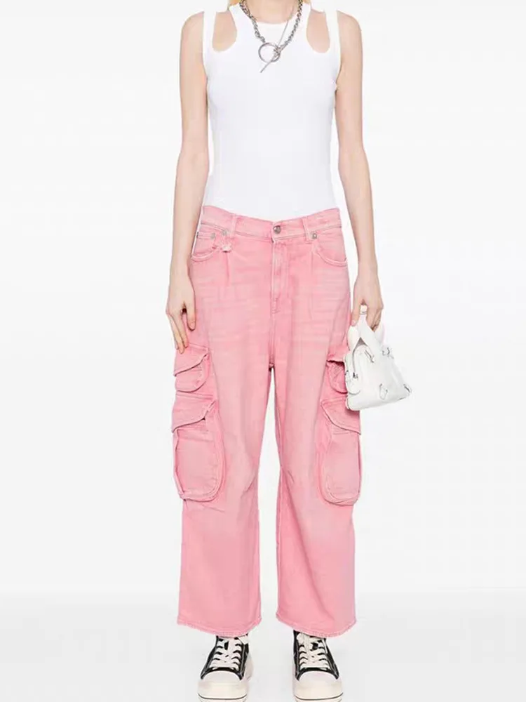 

Fashion Women Pink Loose Fit High Waist Cargo Pants OEM Custom Logo Multi Cargo Pockets Denim Jeans