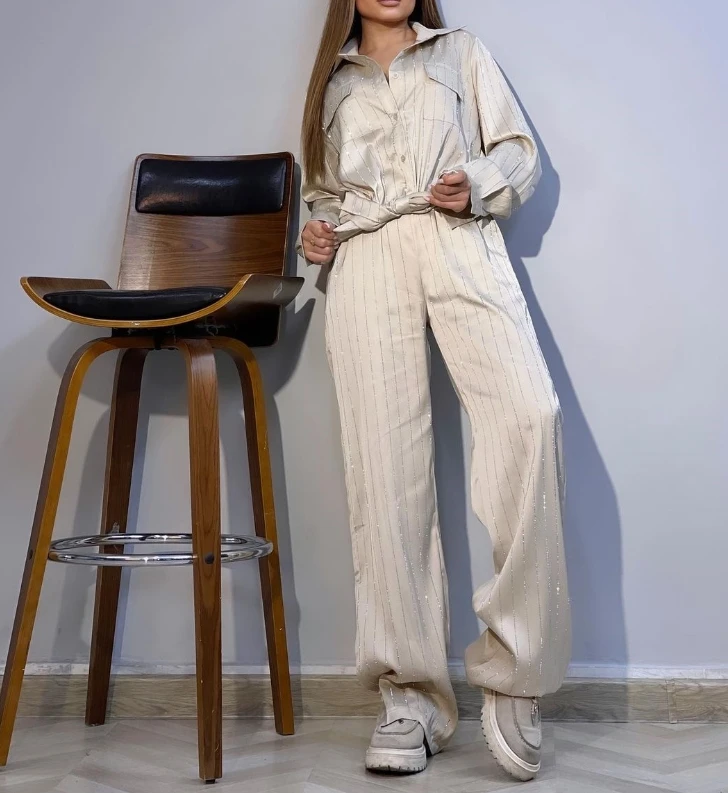 Women's Casual Style Suits 2024 Spring Summer Latest Solid Color Fresh Loose Large Print Long Sleeved Shirt Wide Leg Pants Set