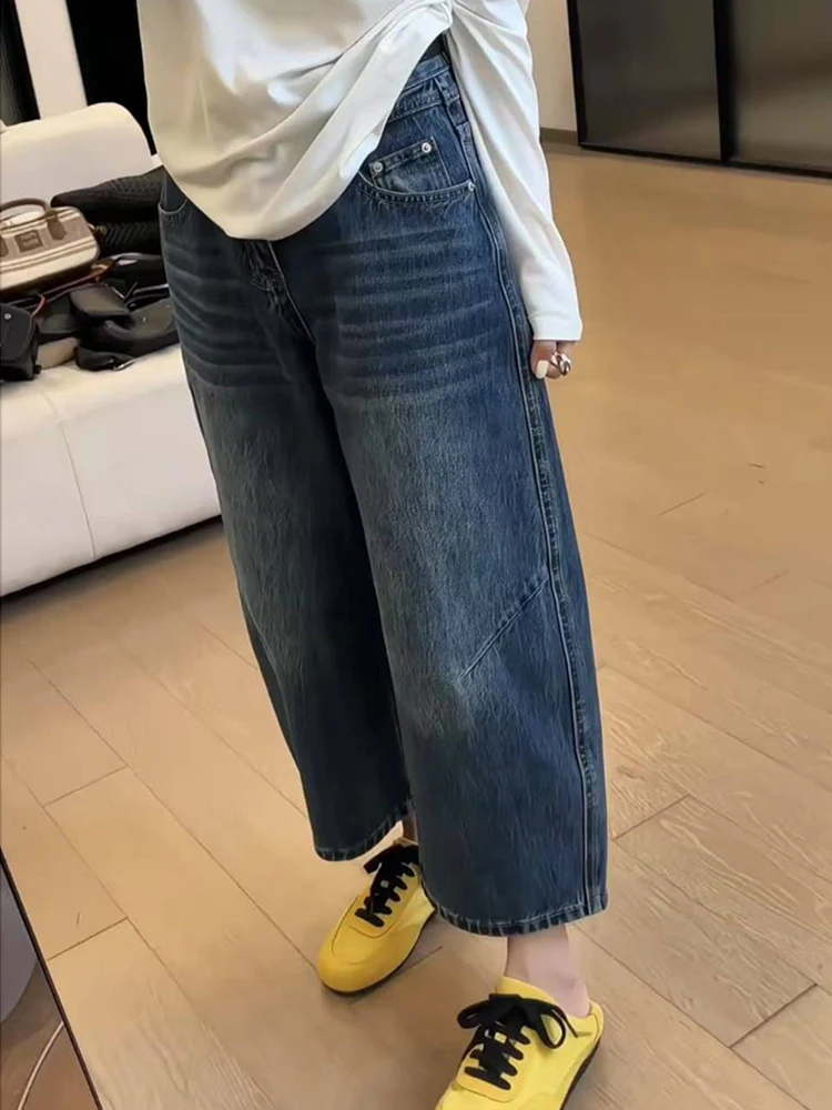 Retro High Waist Wide Leg Jeans Women's Pear Shape plus Size Loose Small Height Nine Points Knife  Denim Pants