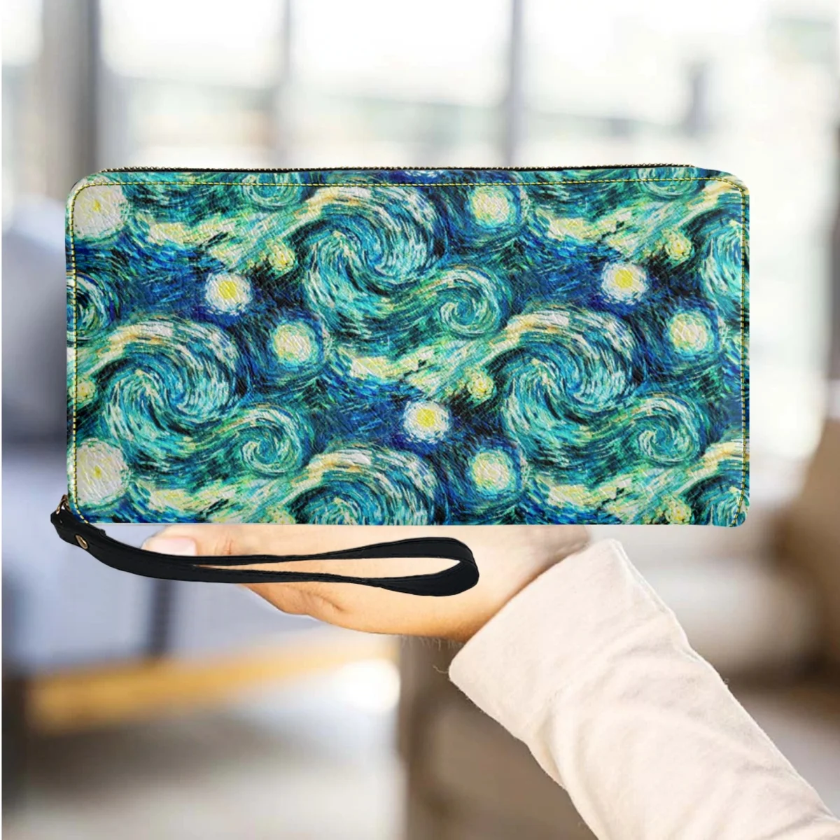 

Starry Night Sky Swirly Stars from Van Gogh's Painting Coin Purse Multi-Card Storage Bag Vintage PU Leather Wrist Strap Clutch