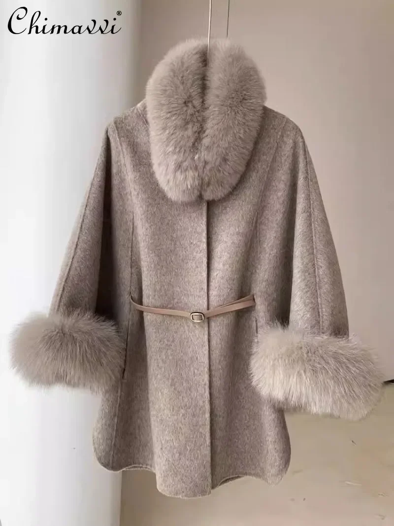 

Autumn and Winter New Korean Version Temperament Waist Fox Fur Collar Double-Sided Cashmere Woolen Cloak Coat For Women