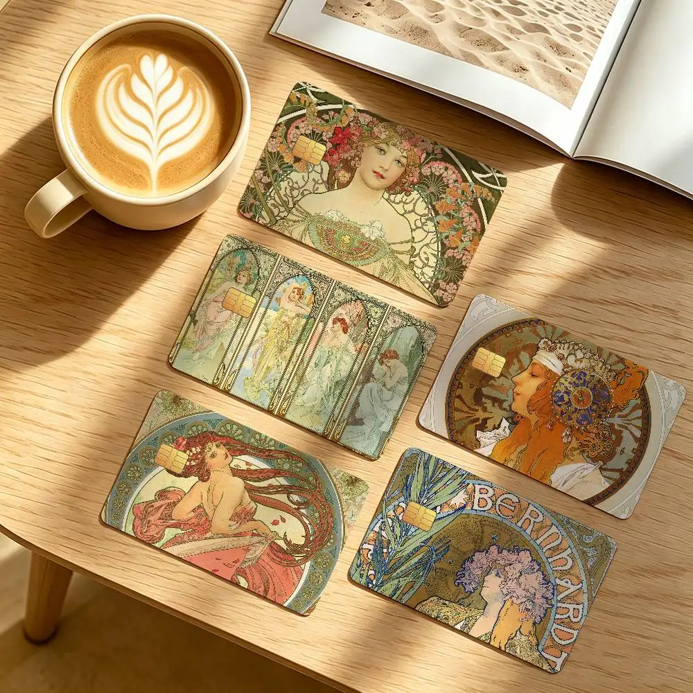 Vintage Alphonse Mucha Credit Card Public Transportation Cards Protective Sticker Waterproof Card Face Decoration 4PCS