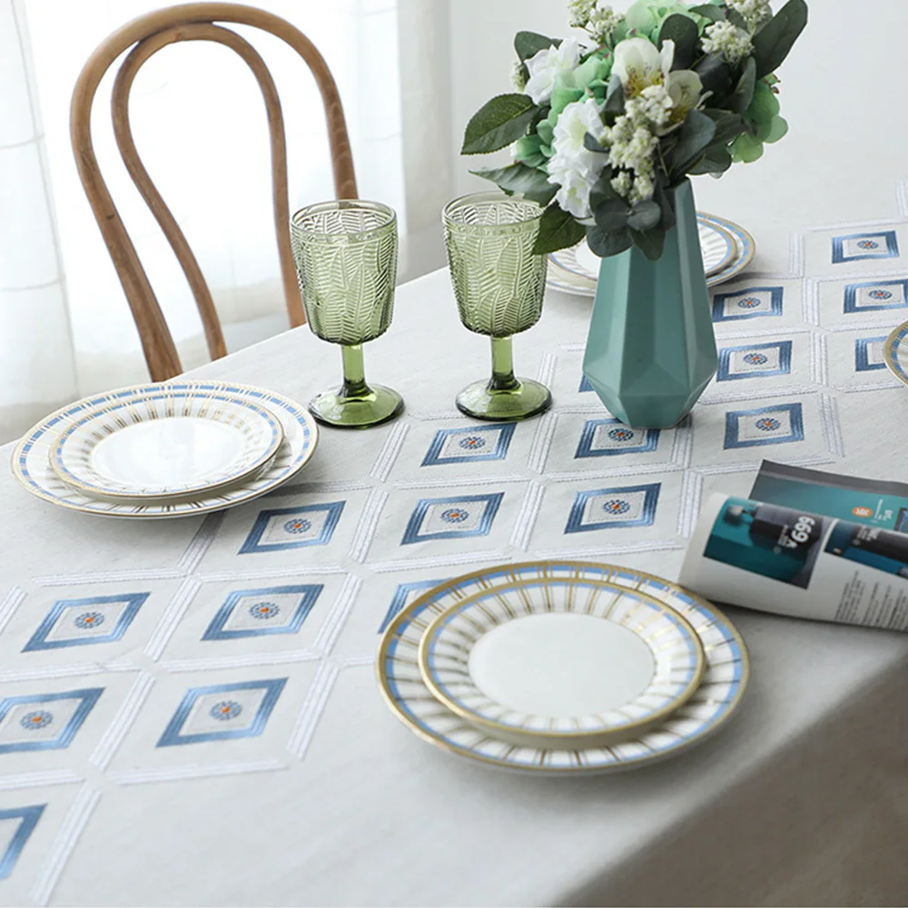 ผ้าปูโต๊ะมีพู่แบบนอร์ดิกใหม่ผ้าปูโต๊ะฝ้ายลินินเลียนแบบทรงสี่เหลี่ยมปักลายเรขาคณิต lozenge ผ้าคลุมโต๊ะผ้าโพลีเอสเตอร์