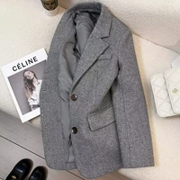 Grey Herringbone Pattern Woolen Suit Jacket for Women 2026 New Autumn Winter Retro Commuting Casual Top Female Single Breasted 4