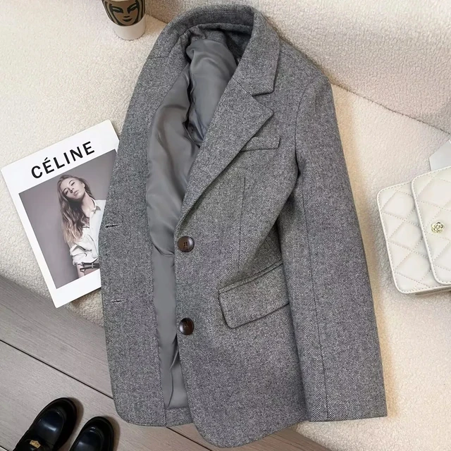 Grey Herringbone Pattern Woolen Suit Jacket for Women 2026 New Autumn Winter Retro Commuting Casual Top Female Single Breasted 4 Grey Herringbone Pattern Woolen Suit Jacket for Women Autumn Winter Retro Commuting – view 4