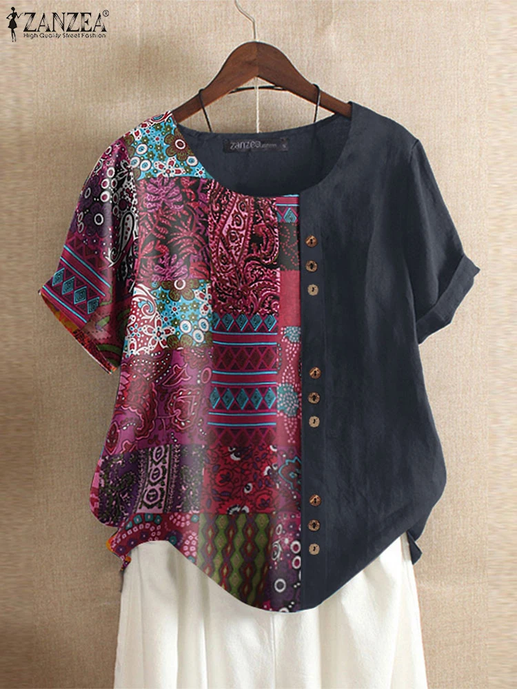 2025 zanzea blusa feminina estampada de verão, blusa vintage de algodão, casual, gola redonda, manga curta, moda, férias