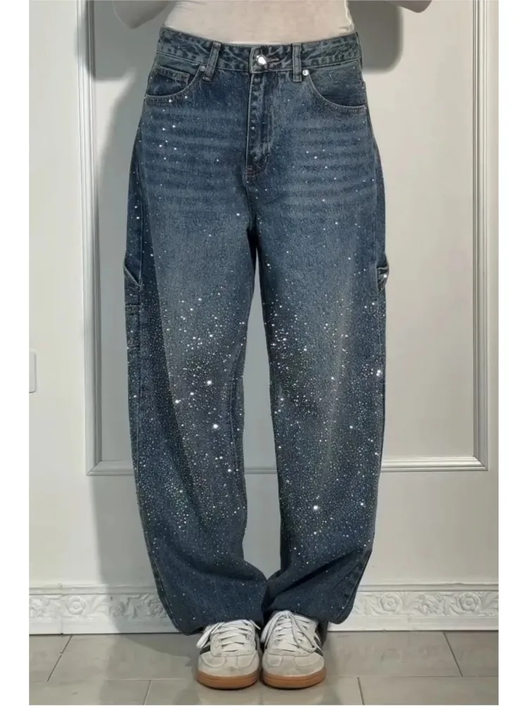 

2026 New Jeans Women's Fashion Starry Hot Diamond Loose Casual Four Seasons Jeans Women