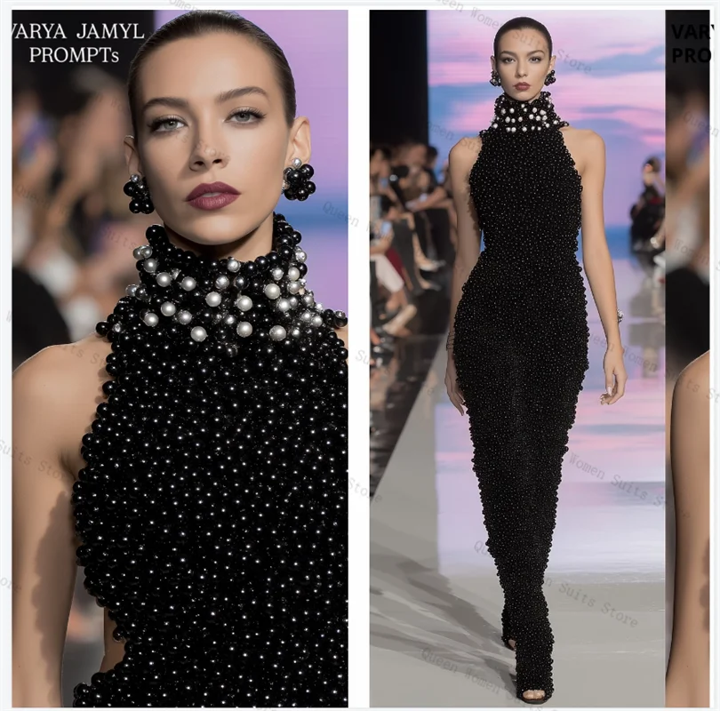 Ensemble de costume de luxe en perles noires pour femmes, 2 pièces, haut, soutien-gorge + pantalon, veste formelle de bureau, manteau de mariage sans manches, personnalisé