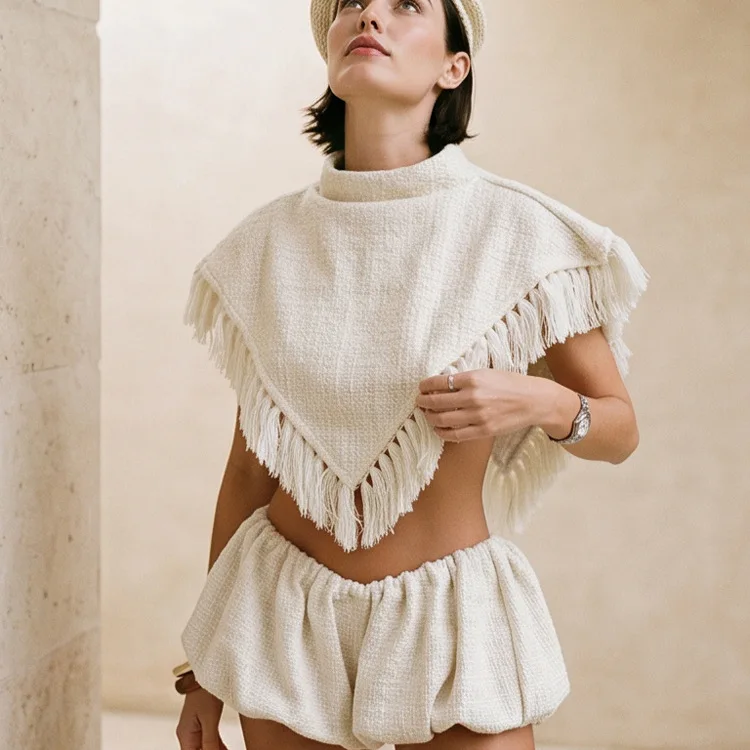 Women Fashion Tassel Cover Up 2 Piece Set Fringe Trim Triangle Pullover Crop Tops + Bubble Shorts Vacation Outfits Suits