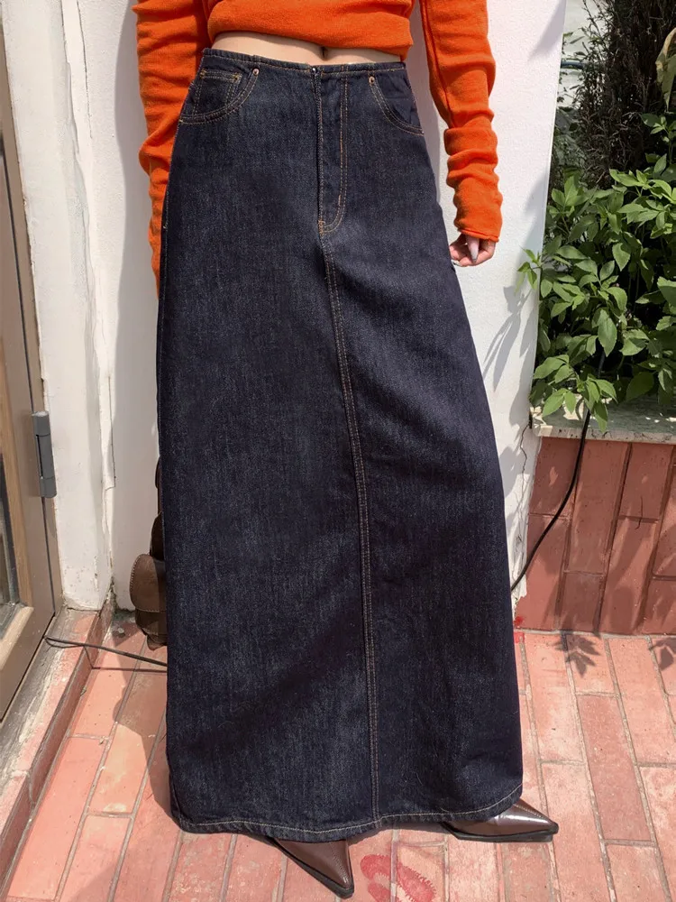 Blue High Waisted Vintage Long Skirts for Woman Autumn Winter Casual Daily All-match Split A-line Denim Skirt Jupe Longue Femme