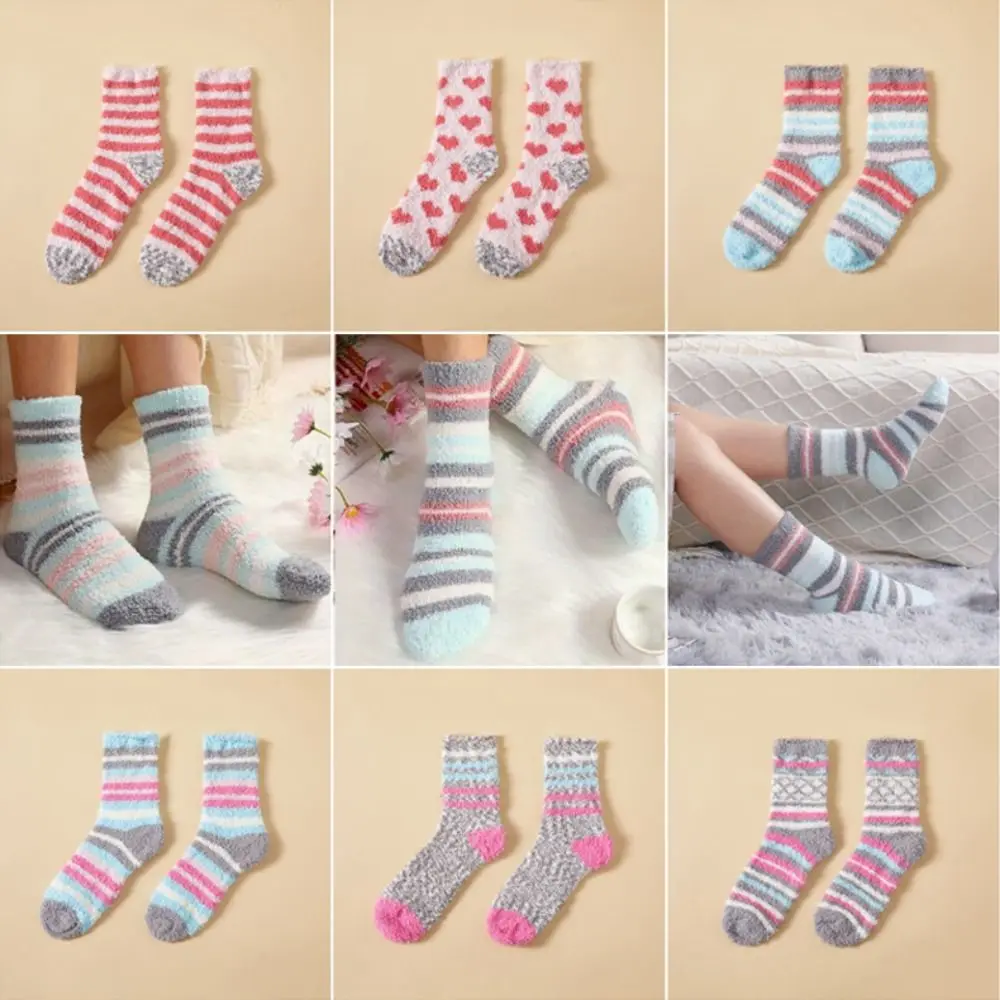 

Colorful Striped Love Heart Coral Velvet Socks Thick Winter Warm Keep Warm Socks Soft Cozy Sweat Absorption Thermal Tube Socks