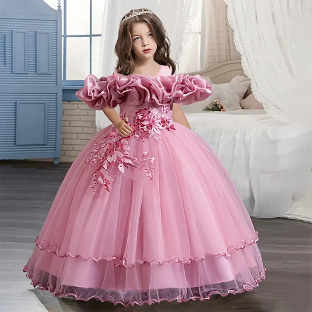 Girls Fluffy Flower Party Tutu Dress For Evening Kids Wedding Bridesmaid Prom Gown Teen Girl Pink Lace Clothes Children Costumes