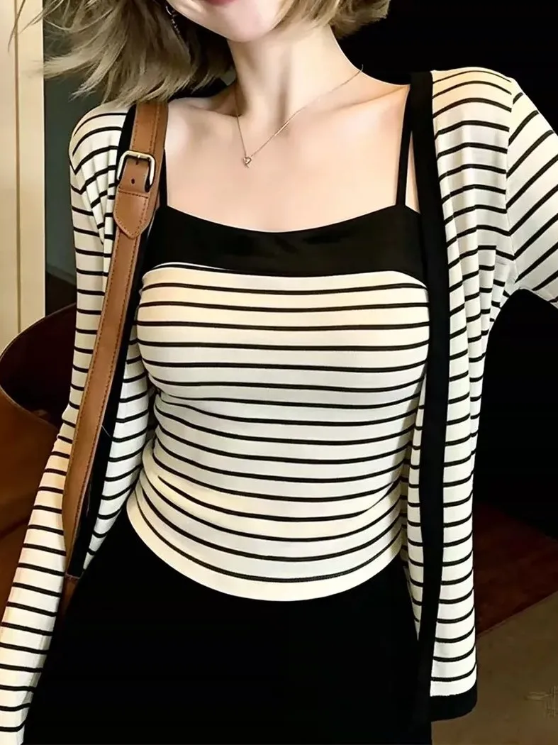 Slim Fit Stripe Inner Wear Long Sleeve Waist Cinched Open Cardigan Two Piece Set Women's Fashion Autumn Collection Trendy