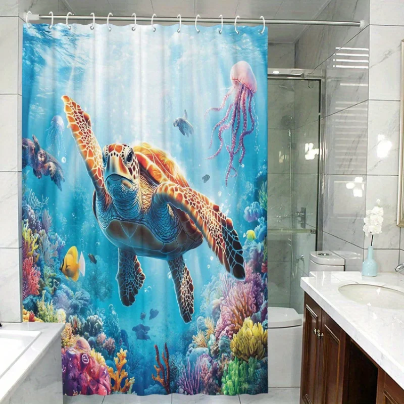 Artistic Turtle Pattern Shower Curtain with 12 Hooks - Waterproof, Machine Washable, and Suitable for Home, Hotel, or Room Decor