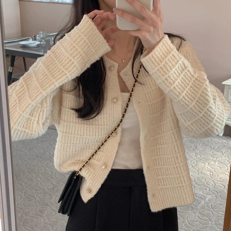 

Шикарный осенний вязаный кардиган, свитер с круглым вырезом Ne Texture Ele Button Long Sve, женская модная весенне-осенняя одежда