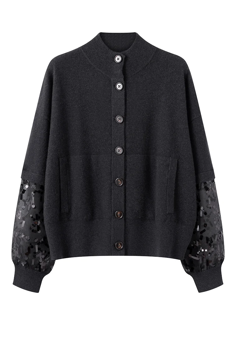 BD4521243 Damen-Kaschmir-Cardigan mit Knöpfen, Stehkragen, Langen Ärmeln, Organza-Pailletten-Manschetten, Lockerer Schnitt, Winter-Strickware – Detail 10