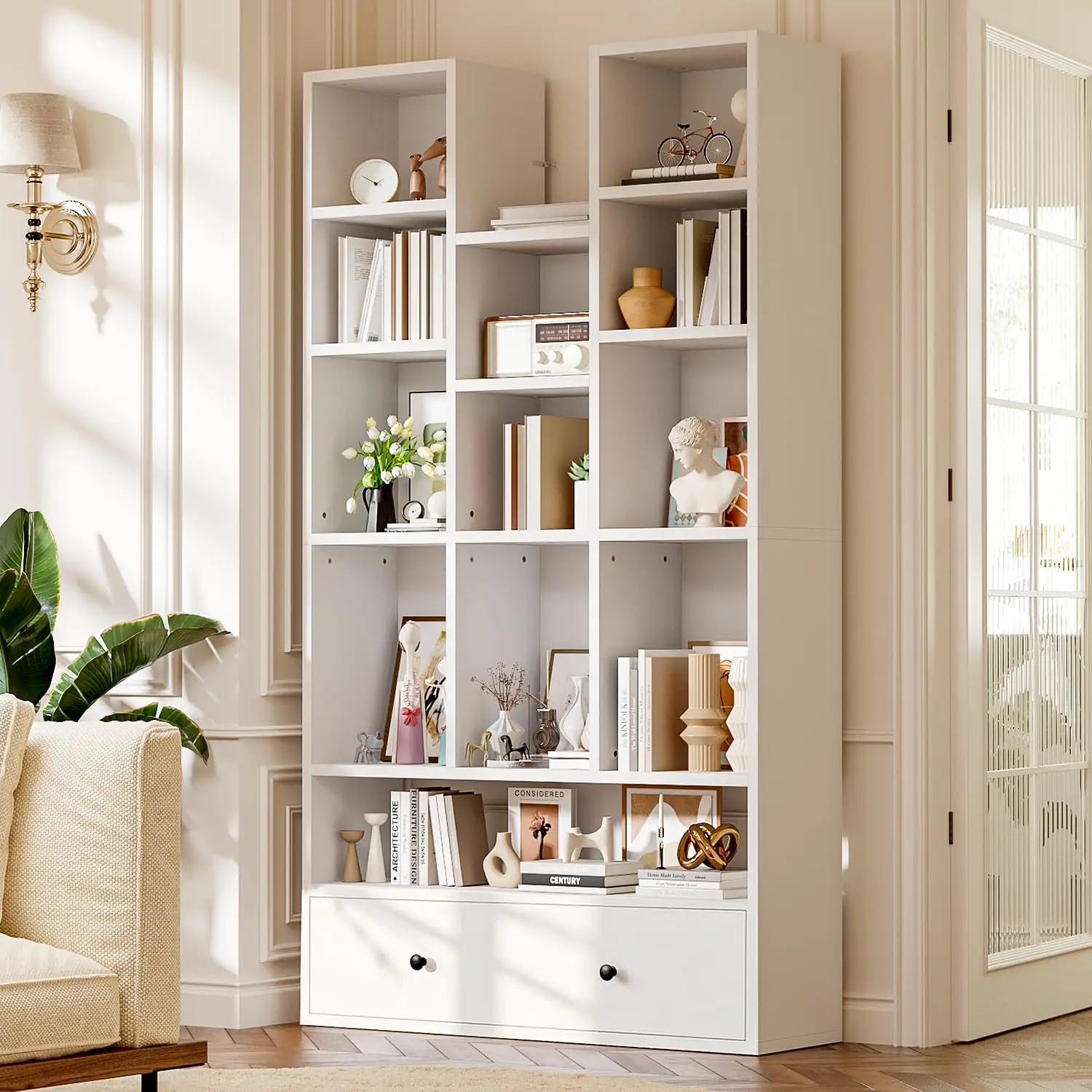 65-Inch 5-Tier Wood Bookshelf With Drawer Storage Cabinet, Tall Asymmetric Cube Display Shelf For Living Room, White, Customized