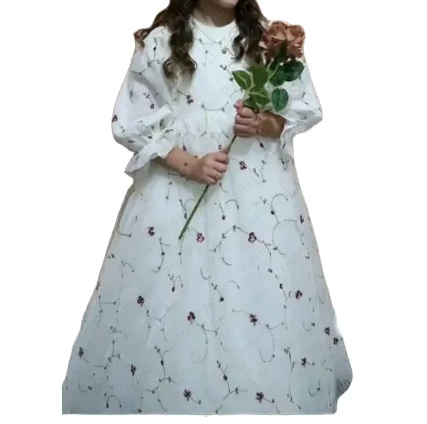 Vestido de primeira comunhão com manga inchada para meninas, cintura alta, flor bordada, vestido princesa para casamento, babados altos, pescoço, dama de honra