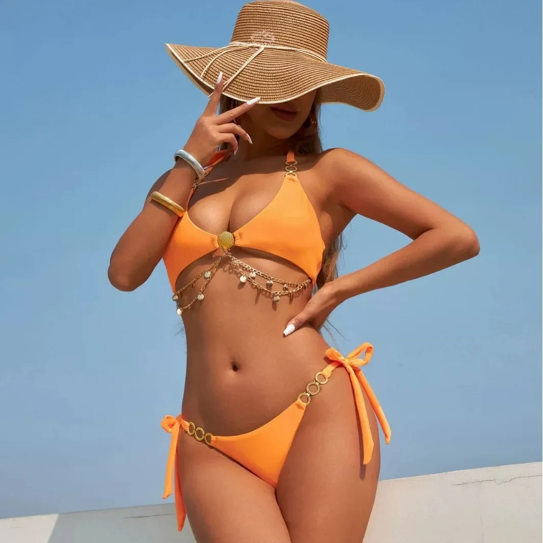 

Sexy Chain Linked Thong Bikini 2024 Women Push Up Micro Swimsuit Brazilian Beach Bathing Suit Tie Side Swimwear Biquini Luxury