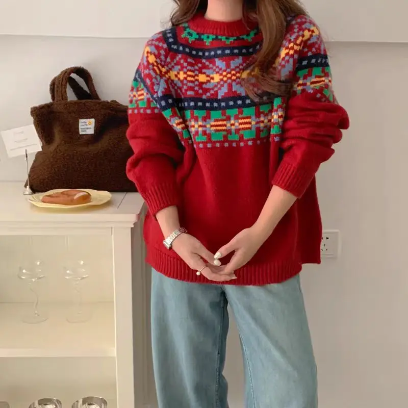 

Vintage Christmas Jacquard Knitted Sweater Women's Clothing Long Sleeve Korean O-neck Femme Fashion Jumpers Tops Autumn Winter