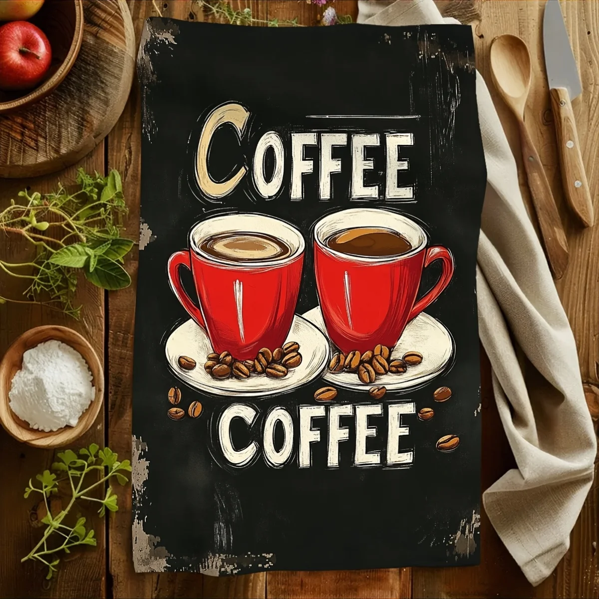 1pc Vintage Coffee Cup Printed Scrub Cloth, Soft Absorbent Kitchen Hand Towel, Perfect for Kitchen, Dining Room, Bathroom, Dorm