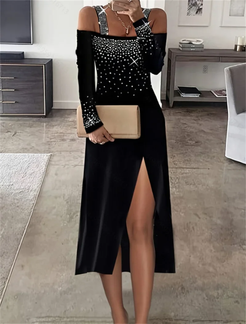 Europe And The United States Dress Women's 2025 New Summer Cross-border Independent Station Hot Drill One-shoulder Split Dresses