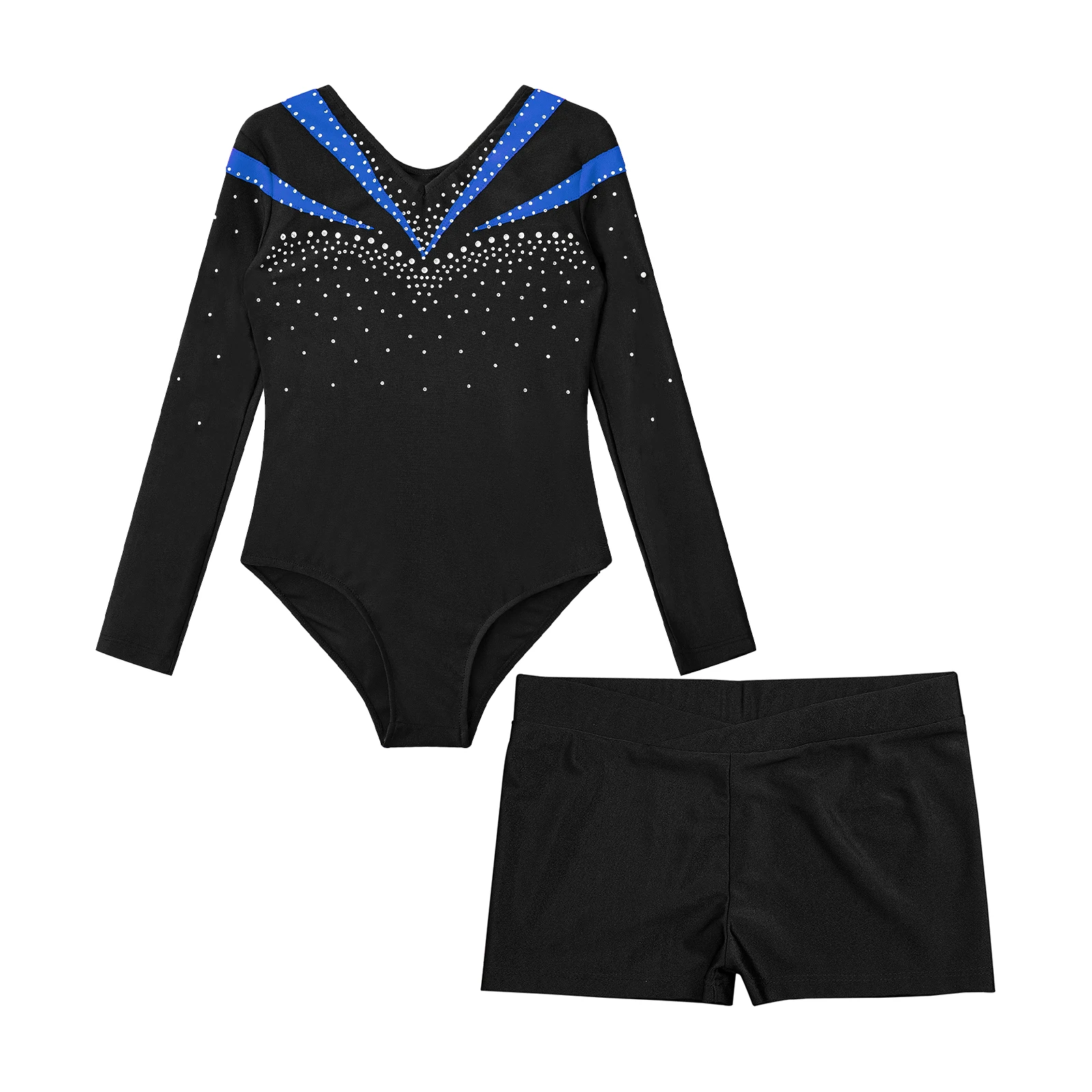 Kids Girls Long Sleeve Shiny Rhinestone Ballet Dance Leotard with V-front Waistband Shorts for Dance Sports Gymnastic Workout