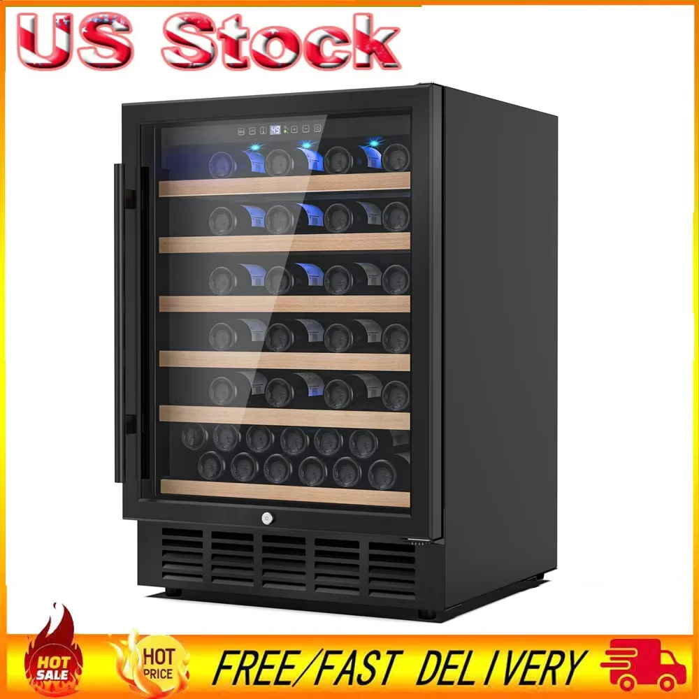 24 In Wine Cooler  51 Bottle Wine Refrigerator with Removeable Shelves & Blue Interior Light Wine Fridge, Built-in/Freestanding