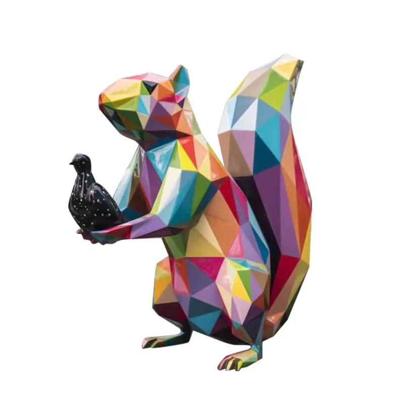 Pop Art Famous Animal Statue Fiberglass Life Size Geometric Squirrel Sculpture Outdoor Decor