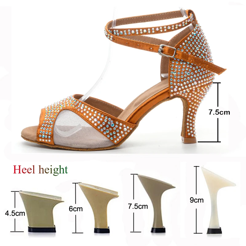 Latin Dance Shoes Women's Salsa Tango Ballroom Party High Heel Women's Shoes Bronze Satin Rhinestone Dance Sandals Summer