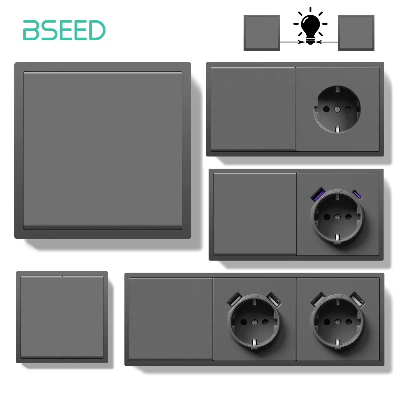 BSEED 1/2Gang Large Button Light Switches 1/2Way Plus Wall Power Type-c USB Sockets Fast Charging EU Standard Plastic Frames