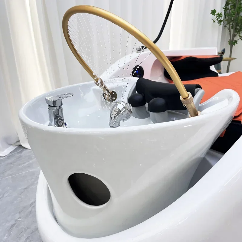 Professional Shampoo and Massage Chair with Sink Barber Shop Salon Head Spa Shampoo Chair Ceramic Washbasin Shampoo Bed