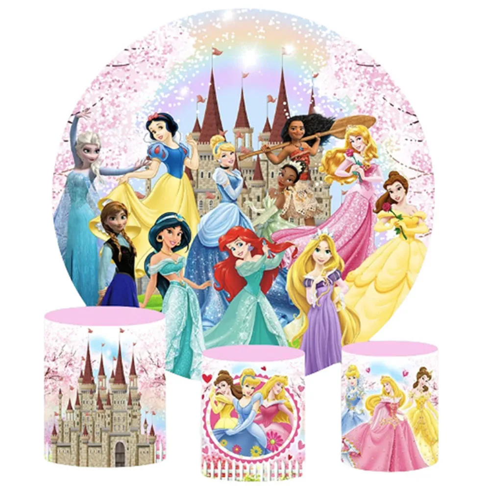 

Disney Princess Aurora Ariel Round Backdrop 3 Cylinder Cover Background Photography Baby Girl Birthday Party Decor Plinth Covers