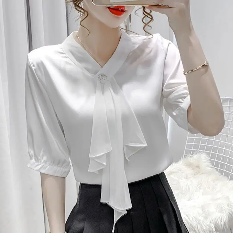 Femminile pendolare moda tinta unita camicia in Chiffon ufficio signora semplicità tutto-fiammifero scollo a v impiombato camicetta estate abbigliamento donna