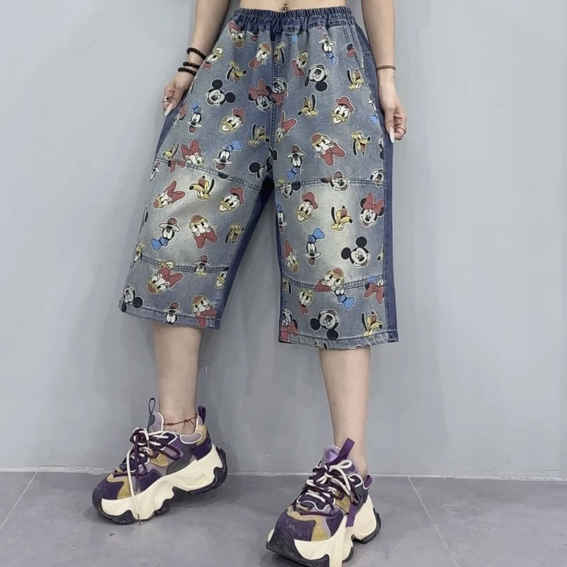 

Винтажные джинсы с эффектом потертости и принтом, летние, с широкими штанинами, средней посадкой, свободного кроя, модные повседневные джинсы средней длины