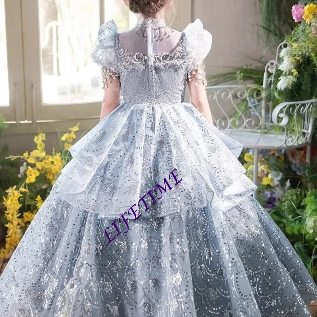 Luxury Kids Girls Customized Long Princess Dress Birthday Gown Costume for Piano Performance Wedding Outfit Flower Host Girl