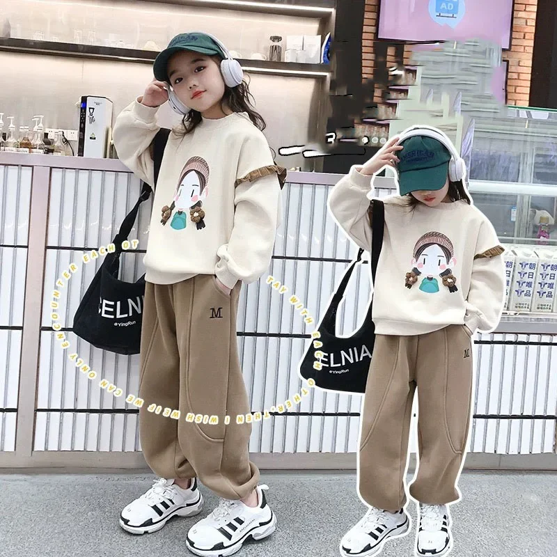 Korean Spring Autumn Junior Girl 2pcs Outfit Teenager Girl Cartoon Pullover Sweatshirts+Cotton Pencil Pants Kids Sports Suit