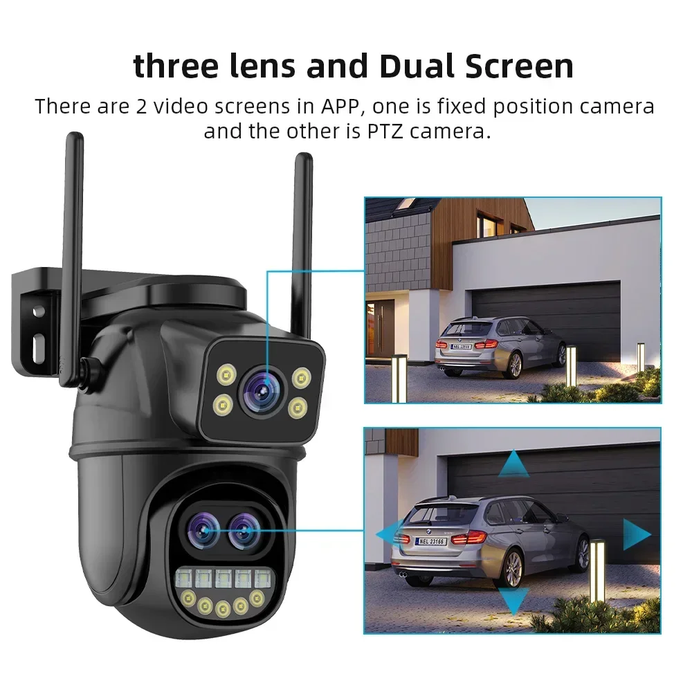 6K 12MP ICSEE Wifi Security Camera 3 Lens Dual Screen 8X Zoom Outdoor Waterproof Two Way Audio Human Detect Surveillance Camera
