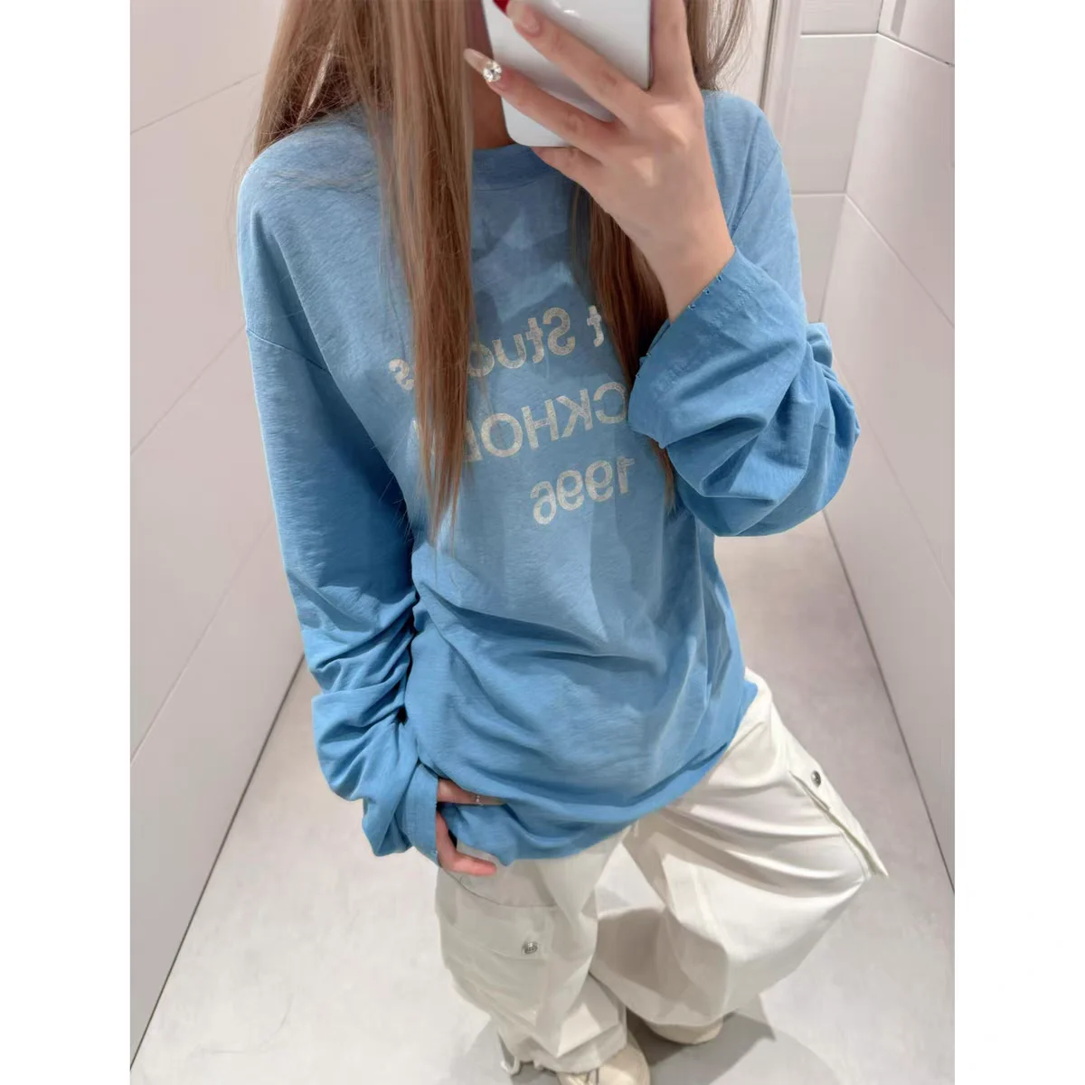 Glacier Blue New Spring Autumn Long Sleeve T-shirt Letters Printed Cotton-linen Loose Basic Tees Mid-long Casual Couple's Tops