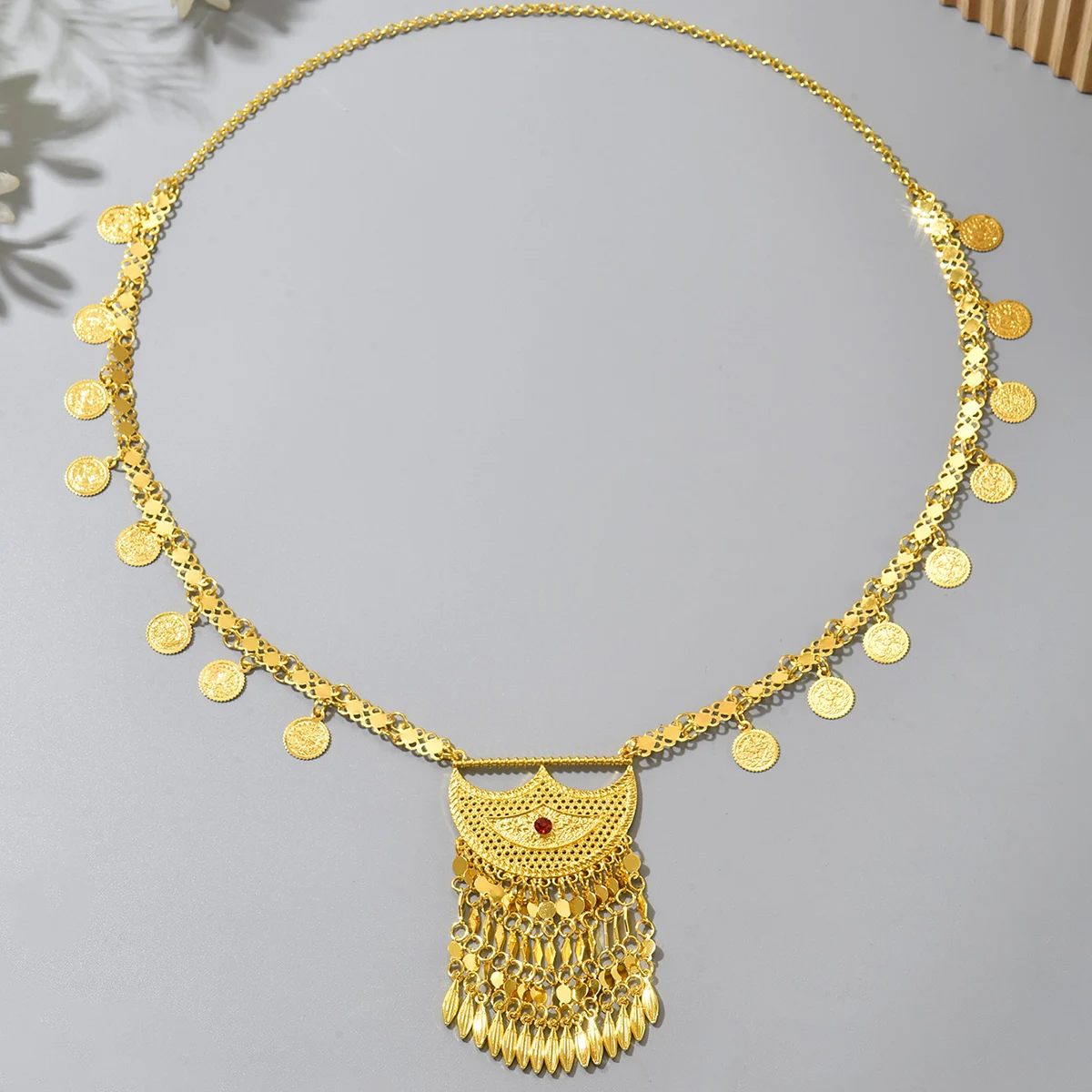 Middle Eastern-style coin tassel pendant necklace, women's golden carved ethnic style neck chain, matching for banquet gowns image 3