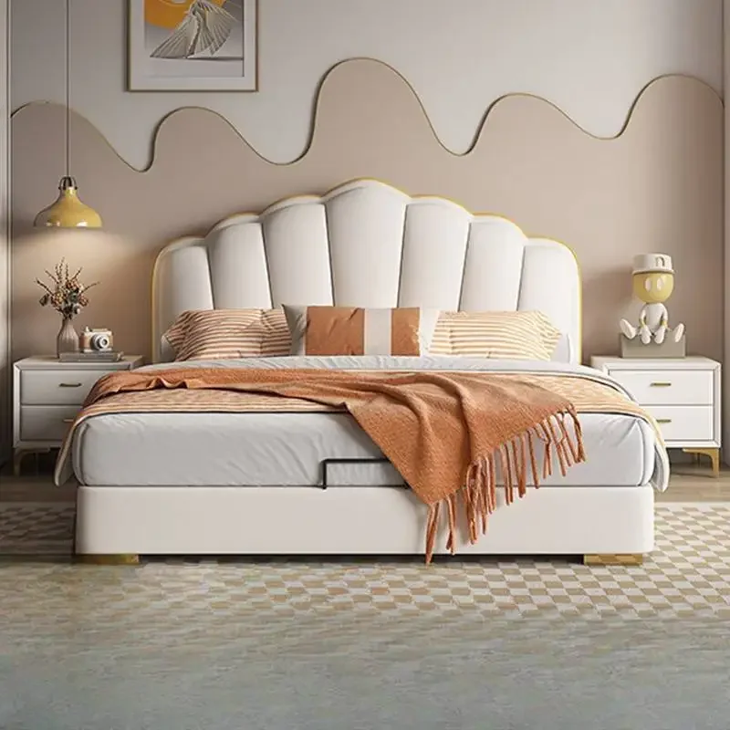 Waterproof Frame Double Bed Princess Beige Large Wooden Luxury Double Bed Headboards Storage Camas De Dormitorio Furniture