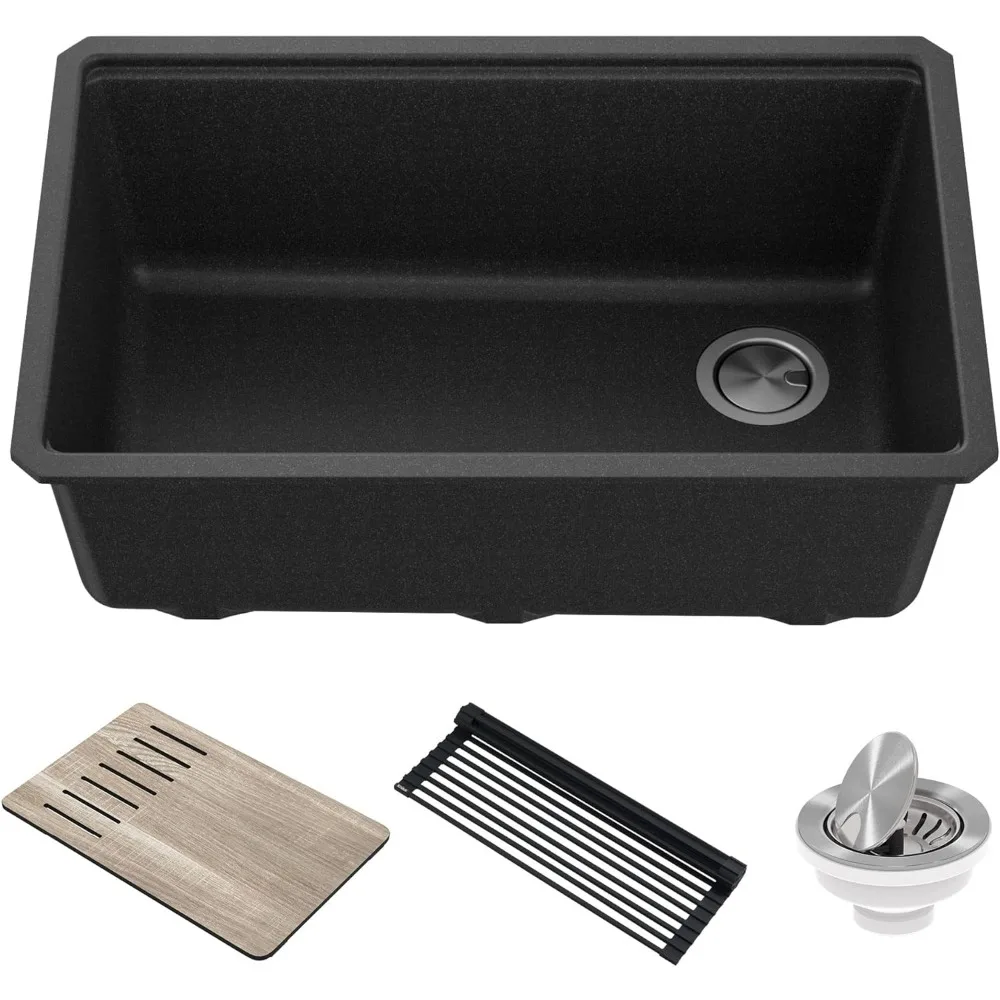 Workstation 30 Inch Base Granite Composite Single Bowl Kitchen Sink, Metal Black,with Accessories Product D19 